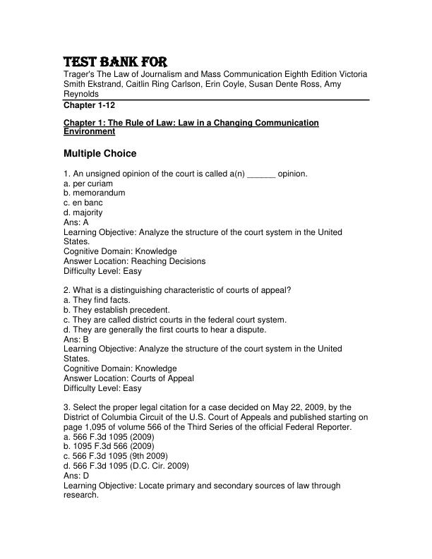 Test Bank For Trager's The Law of Journalism and Mass Communication 8th Edition Victoria Smith Ekstrand, Caitlin Ring Carlson, Erin Coyle, Susan Dente Ross, Amy Reynolds Chapter 1-12
