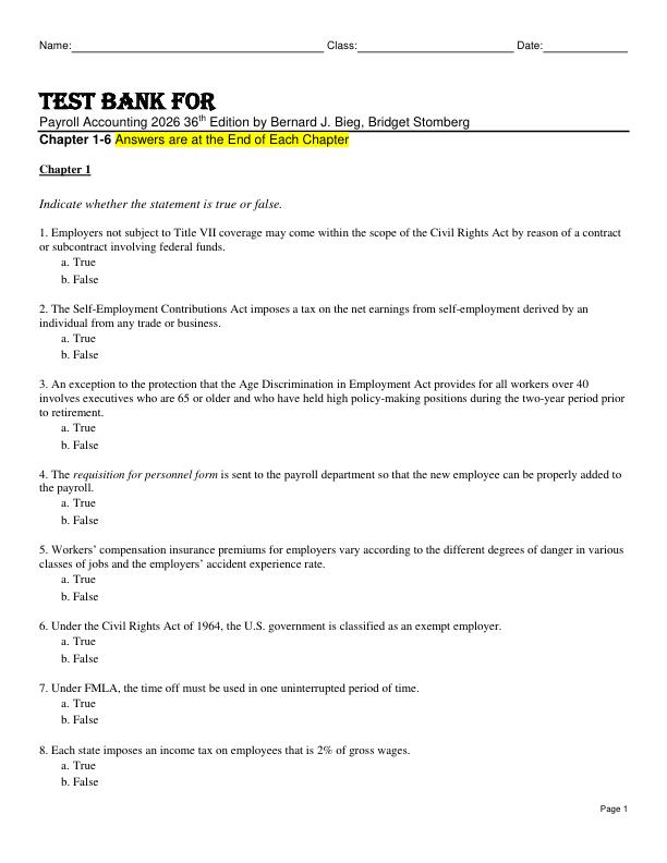 Test Bank For Payroll Accounting 2026 36th Edition by Bernard J. Bieg, Bridget Stomberg Chapter 1-6
