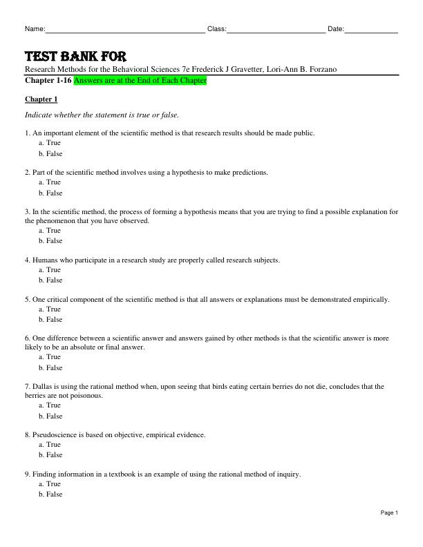 Test Bank For Research Methods for the Behavioral Sciences 7th Edition by Frederick J Gravetter, Lori-Ann B. Forzano Chapter 1-16