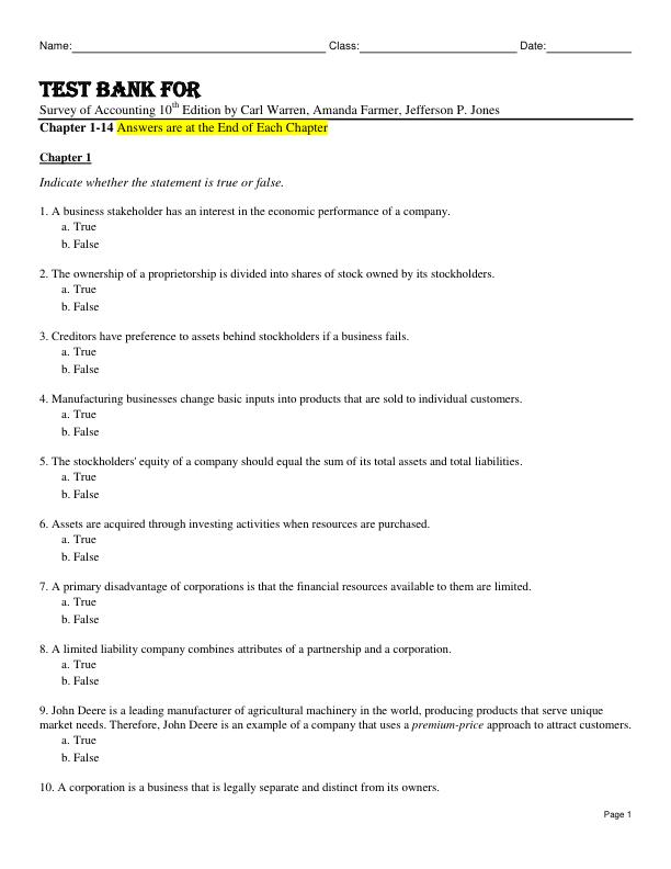 Test Bank For Survey of Accounting 10th Edition by Carl Warren, Amanda Farmer, Jefferson P. Jones Chapter 1-14