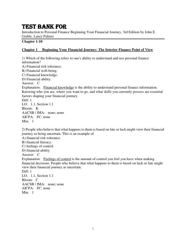 Test Bank For Introduction to Personal Finance Beginning Your Financial Journey, 3rd Edition by John E. Grable, Lance Palmer Chapter 1-10