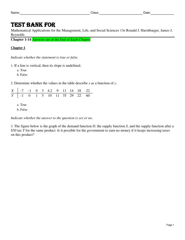 Test Bank For Mathematical Applications for the Management, Life, and Social Sciences 13th Edition by Ronald J. Harshbarger, James J. Reynolds Chapter 1-14