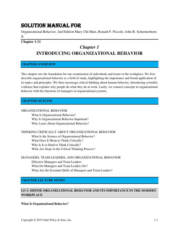 Solution Manual For Organizational Behavior, 2nd Edition by Mary Uhl-Bien, Ronald F. Piccolo, John R. Schermerhorn Jr Chapter 1-11