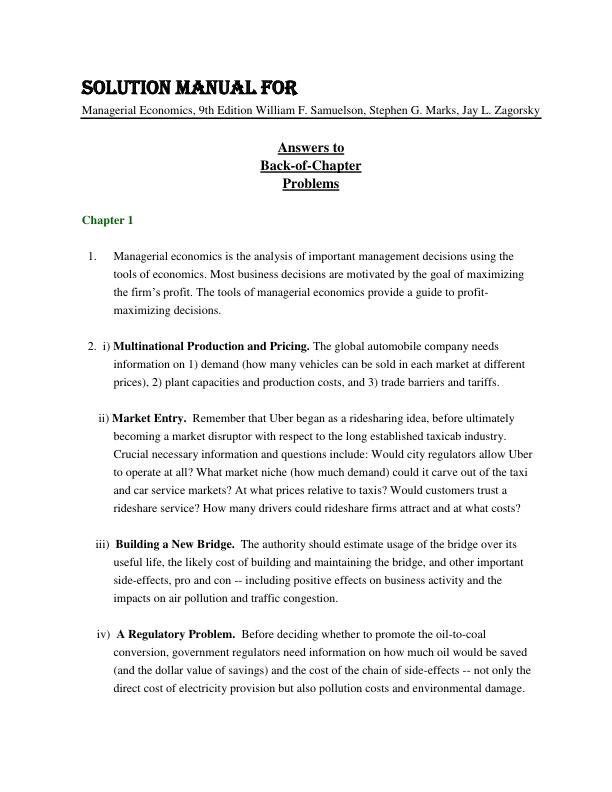 Solution Manual For Managerial Economics, 9th Edition by William F. Samuelson, Stephen G. Marks, Jay L. Zagorsky