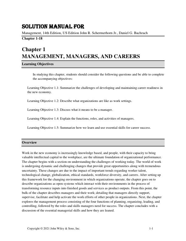 Solution Manual For Management, 14th Edition by US Edition by John R. Schermerhorn Jr., Daniel G. Bachrach Chapter 1-18