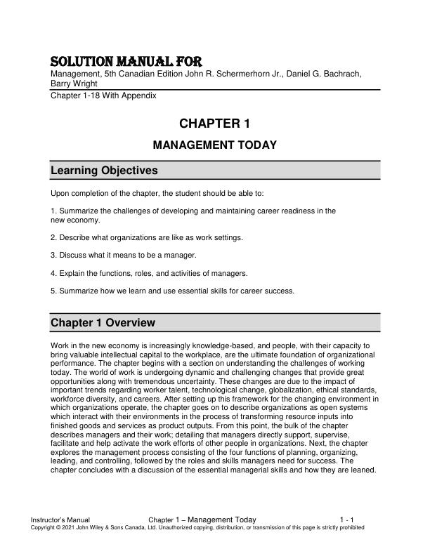 Solution Manual For Management, 5th Canadian Edition by John R. Schermerhorn Jr., Daniel G. Bachrach, Barry Wright Chapter 1-18