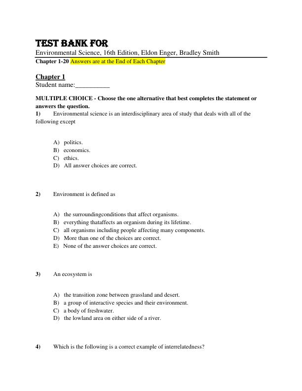 Test Bank Environmental Science, 16th Edition by Eldon Enger, Bradley Smith Chapter 1-20