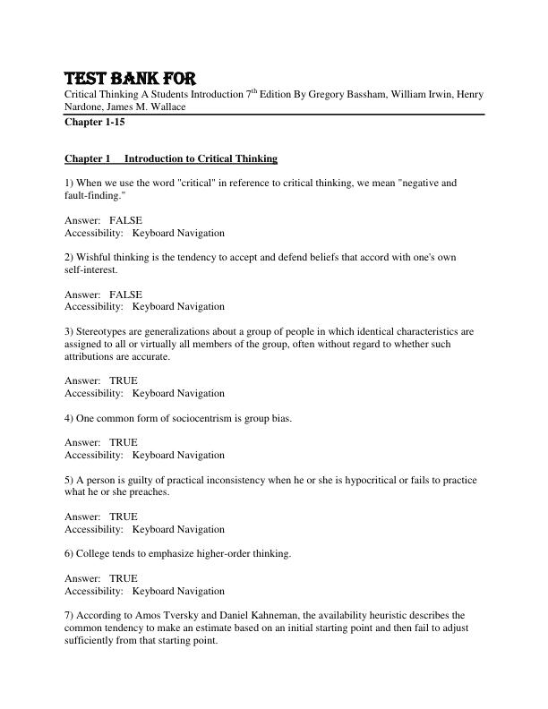 Test Bank Critical Thinking A Students Introduction 7th Edition By Gregory Bassham, William Irwin, Henry Nardone, James M. Wallace Chapter 1-15