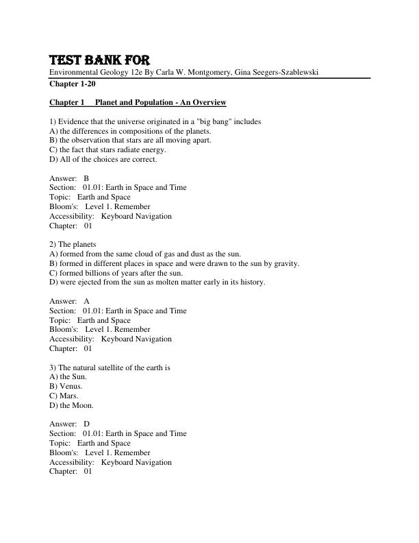 Test Bank Environmental Geology 12th Edition By Carla W. Montgomery, Gina Seegers-Szablewski Chapter 1-20