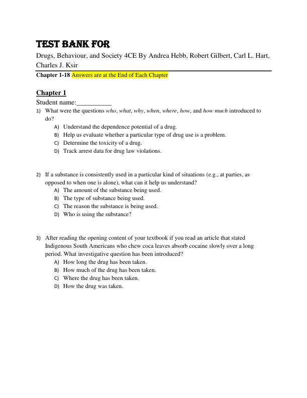 Test Bank Drugs, Behaviour, and Society 4th Canadian Edition By Andrea Hebb, Robert Gilbert, Carl L. Hart, Charles J. Ksir Chapter 1-18
