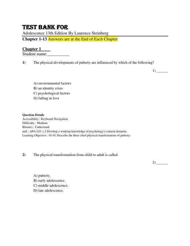 Test Bank Adolescence 13th Edition By Laurence Steinberg Chapter 1-13