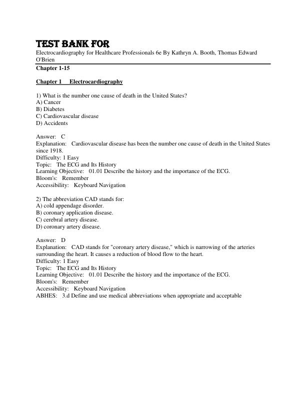 Test Bank Electrocardiography for Healthcare Professionals 6th Edition By Kathryn A. Booth, Thomas Edward O'Brien Chapter 1-15