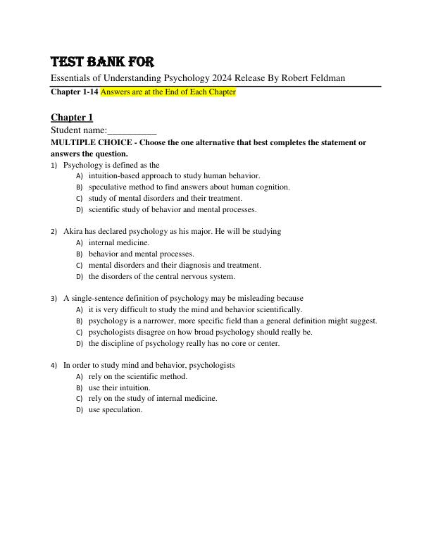 Test Bank Essentials of Understanding Psychology 2024 Release By Robert Feldman Chapter 1-14
