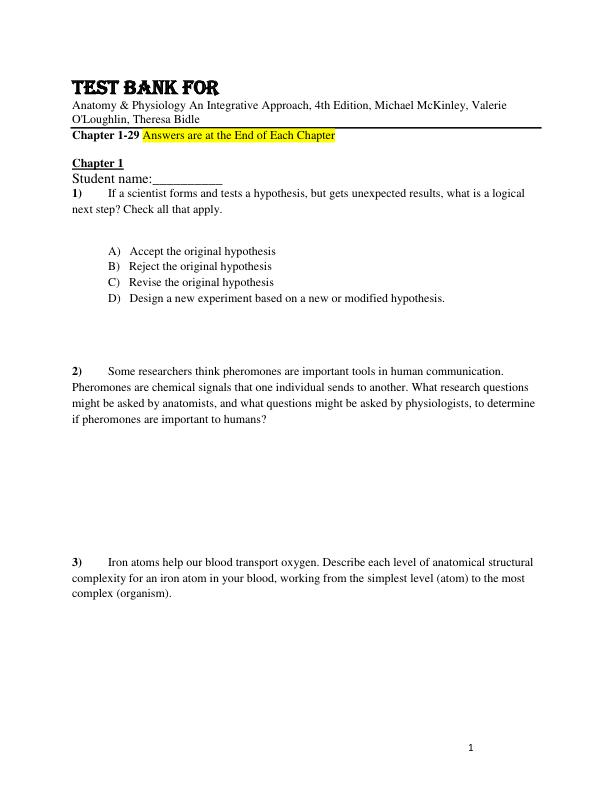 Test Bank Anatomy & Physiology An Integrative Approach, 4th Edition by Michael McKinley, Valerie O'Loughlin, Theresa Bidle Chapter 1-29