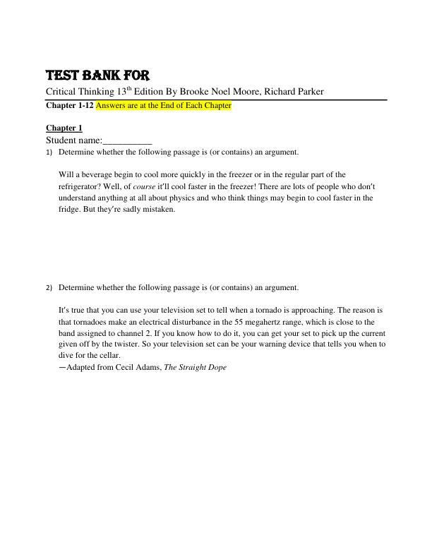 Test Bank Critical Thinking 13th Edition By Brooke Noel Moore, Richard Parker Chapter 1-12