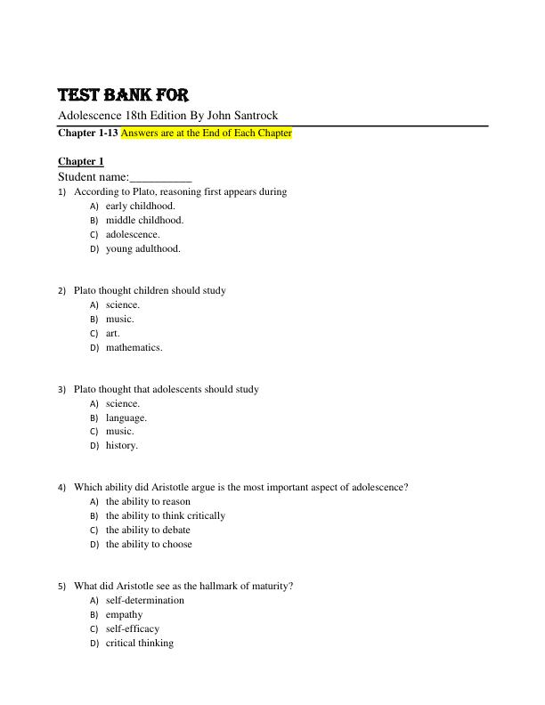 Test Bank Adolescence 18th Edition By John Santrock Chapter 1-13
