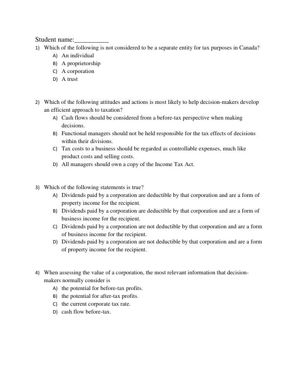 Test Bank Canadian Income Taxation 2024 2025 27th Edition By William Buckwold, Joan Kitunen, Matthew Roman, Abraham Iqbal Chapter 1-23