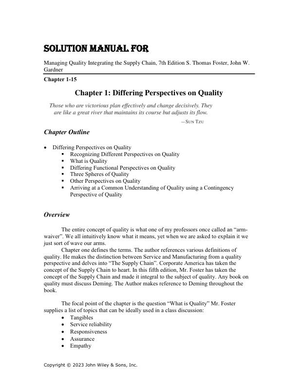 Solution Manual For Managing Quality Integrating the Supply Chain, 7th Edition S. Thomas Foster, John W. Gardner Chapter 1-15