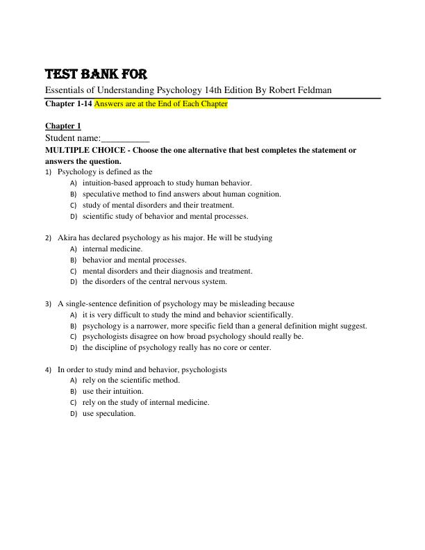 Test Bank Essentials of Understanding Psychology 14th Edition By Robert Feldman Chapter 1-14