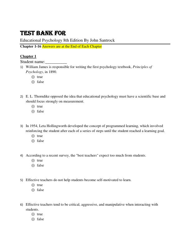 Test Bank Educational Psychology 8th Edition By John Santrock Chapter 1-16