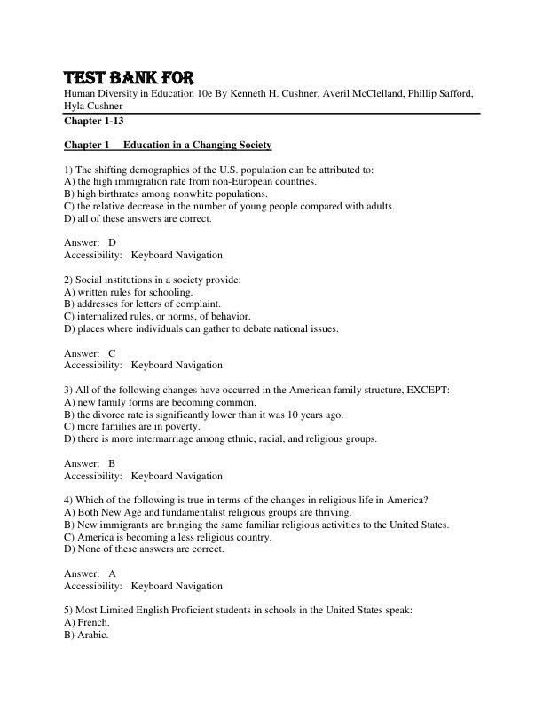 Test Bank Human Diversity in Education 10th Edition By Kenneth H. Cushner, Averil McClelland, Phillip Safford, Hyla Cushner Chapter 1-13