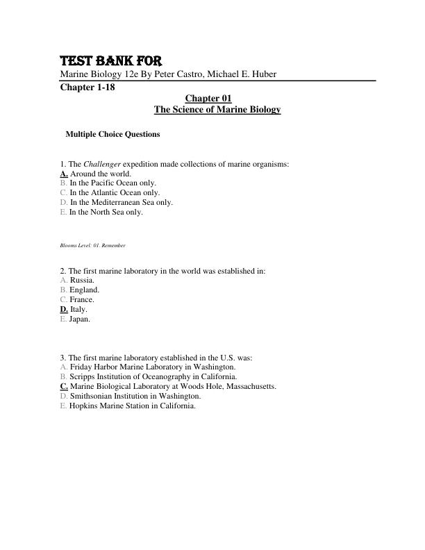 Test Bank Marine Biology 12th Edition By Peter Castro, Michael E. Huber Chapter 1-18