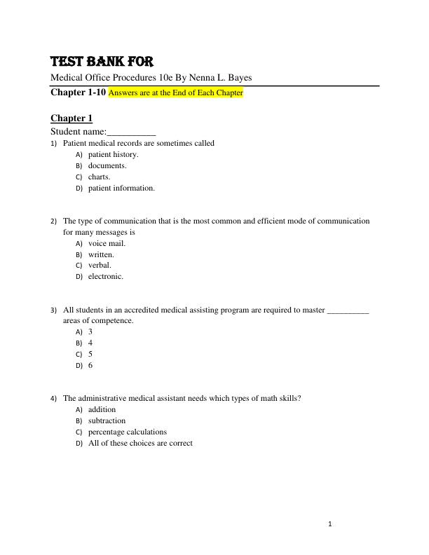 Test Bank Medical Office Procedures 10th Edition By Nenna L. Bayes Chapter 1-10