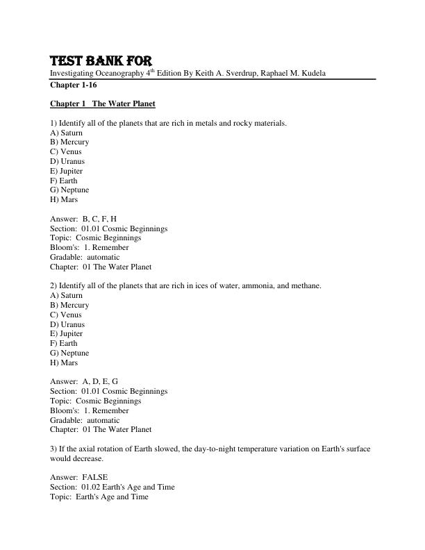 Test Bank Investigating Oceanography 4th Edition By Keith A. Sverdrup, Raphael M. Kudela Chapter 1-16