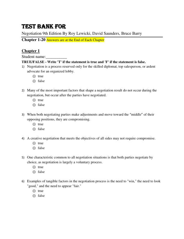 Test Bank Negotiation 9th Edition By Roy Lewicki, David Saunders, Bruce Barry Chapter 1-20