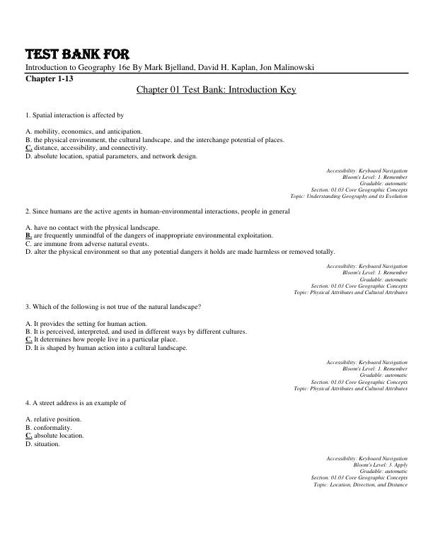 Test Bank Introduction to Geography 16th Edition By Mark Bjelland, David H. Kaplan, Jon Malinowski Chapter 1-13