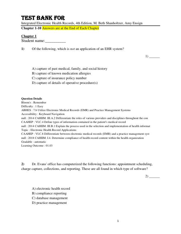 Test Bank Integrated Electronic Health Records, 4th Edition by M. Beth Shanholtzer, Amy Ensign Chapter 1-10