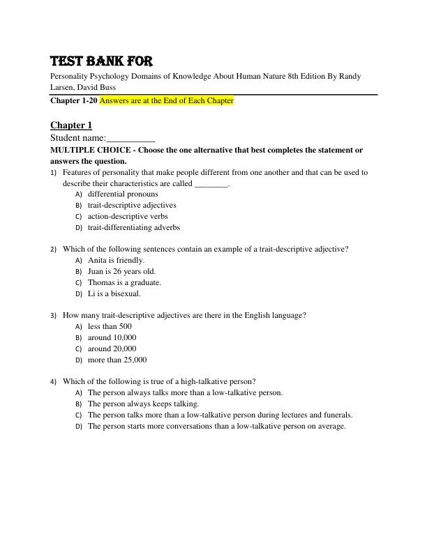 Test Bank Personality Psychology Domains of Knowledge About Human Nature 8th Edition By Randy Larsen, David Buss Chapter 1-20