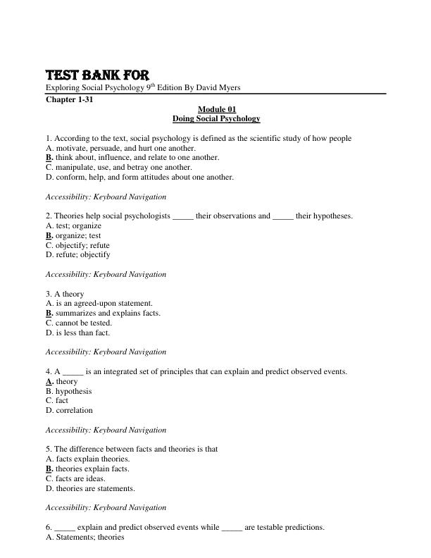 Test Bank Exploring Social Psychology 9th Edition By David Myers Chapter 1-31