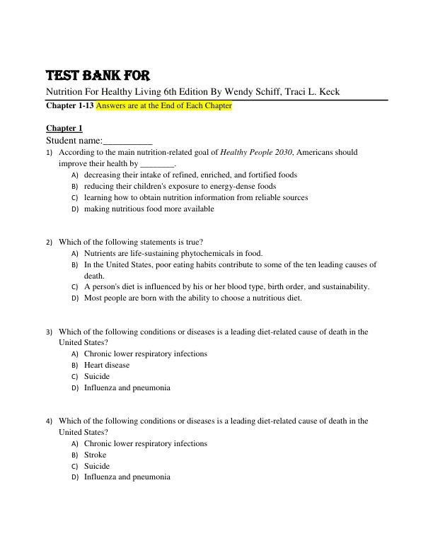 Test Bank Nutrition For Healthy Living 6th Edition By Wendy Schiff, Traci L. Keck Chapter 1-13