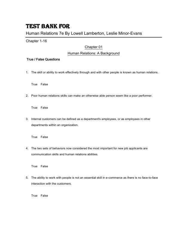 Test Bank Human Relations 7th Edition By Lowell Lamberton, Leslie Minor-Evans Chapter 1-16