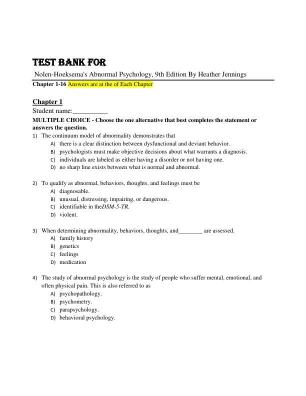 Test Bank Nolen-Hoeksemas Abnormal Psychology, 9th Edition By Heather Jennings Chapter 1-16