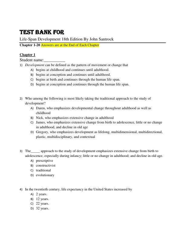 Test Bank Life-Span Development 18th Edition By John Santrock Chapter 1-20