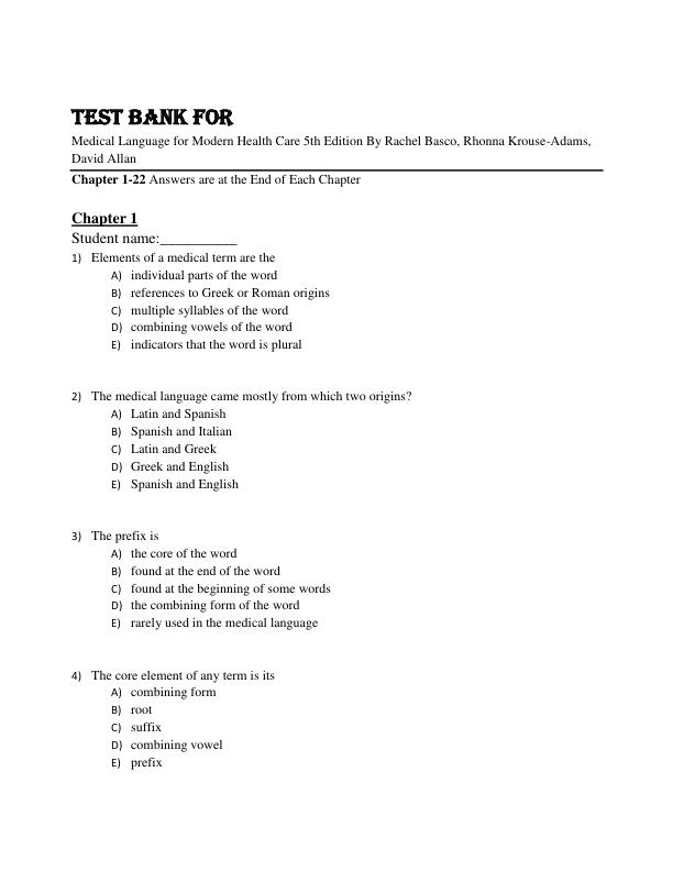 Test Bank Medical Language for Modern Health Care 5th Edition By Rachel Basco, Rhonna Krouse-Adams, Dav Chapter 1-22