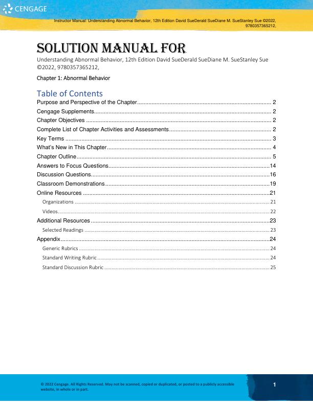 Solution Manual For Understanding Abnormal Behavior, 12th Edition by David SueDerald SueDiane M. SueStanley Sue Chapter 1-17