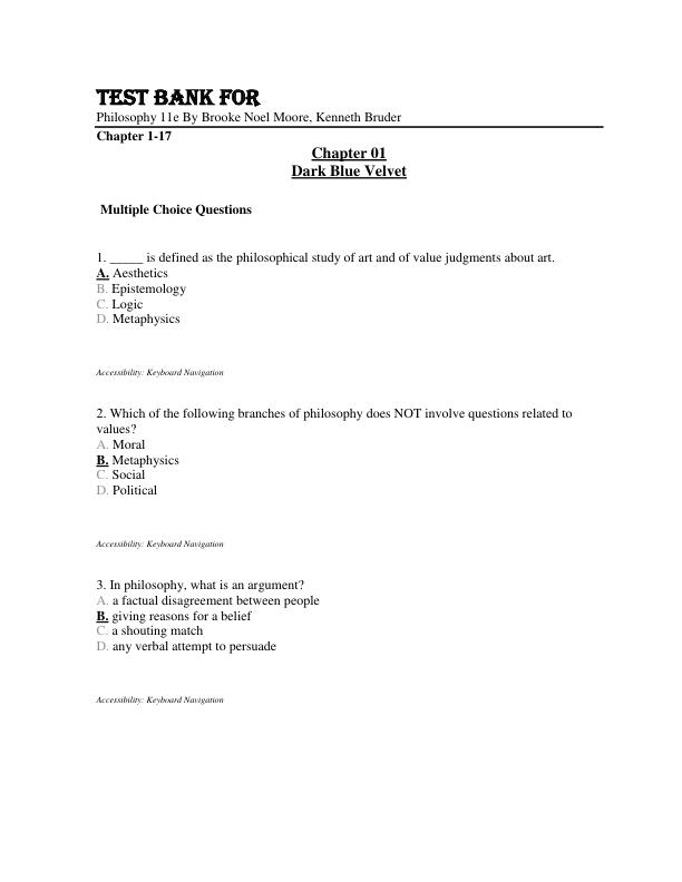 Test Bank Philosophy 11th Edition By Brooke Noel Moore, Kenneth Bruder Chapter 1-17