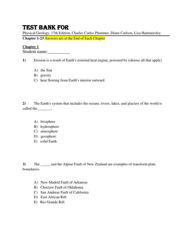 Test Bank Physical Geology, 17th Editio by Charles (Carlos) Plummer, Diane Carlson, Lisa Hammersley Chapter 1-23