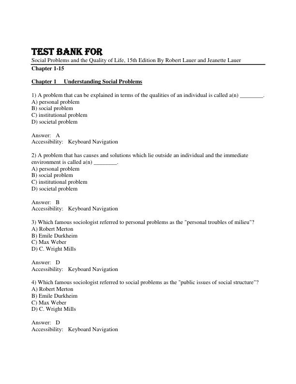 Test Bank Social Problems and the Quality of Life 15th Edition By Robert Lauer and Jeanette Lauer Chapter 1-15