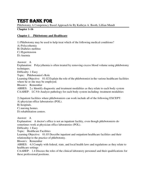 Test Bank Phlebotomy A Competency Based Approach 6th Edition By Kathryn A. Booth, Lillian Mundt Chapter 1-16