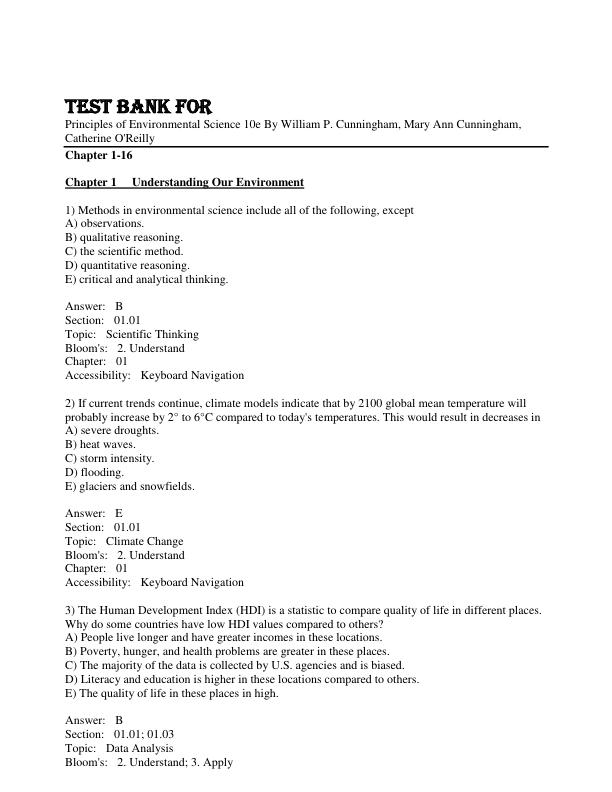 Test Bank Principles of Environmental Science 10th Edition By William P. Cunningham, Mary Ann Cunningham, Catherine O'Reilly Chapter 1-16
