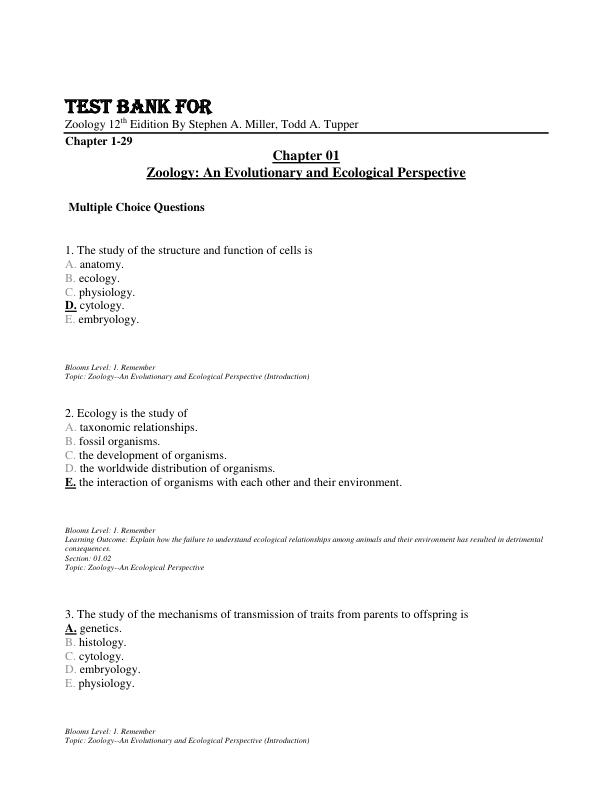 Test Bank Zoology 12th Edition By Stephen A. Miller, Todd A. Tupper Chapter 1-29