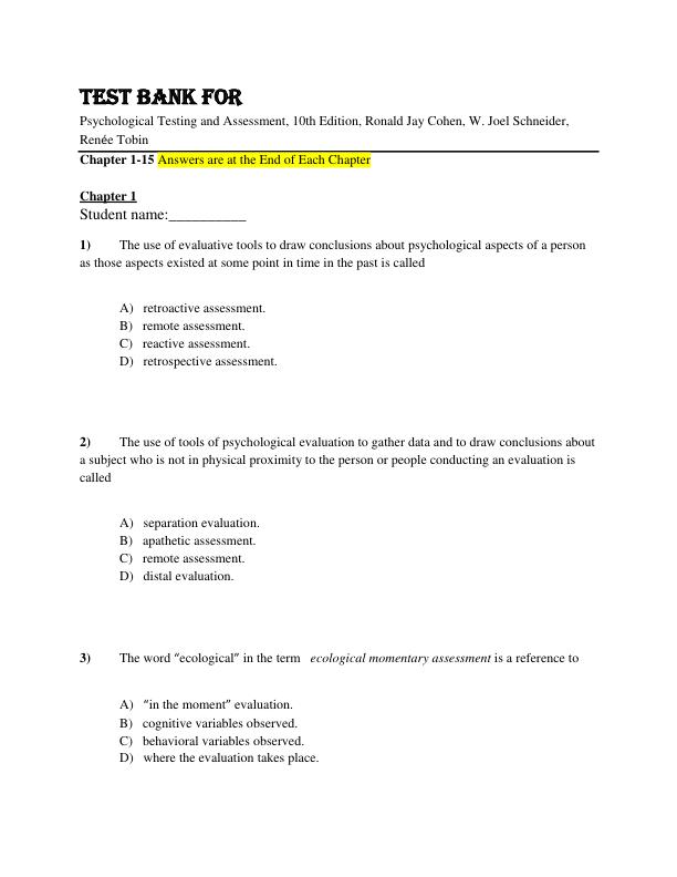 Test Bank Psychological Testing and Assessment, 10th Edition by Ronald Jay Cohen, W. Joel Schneider, Renée Tobin Chapter 1-15