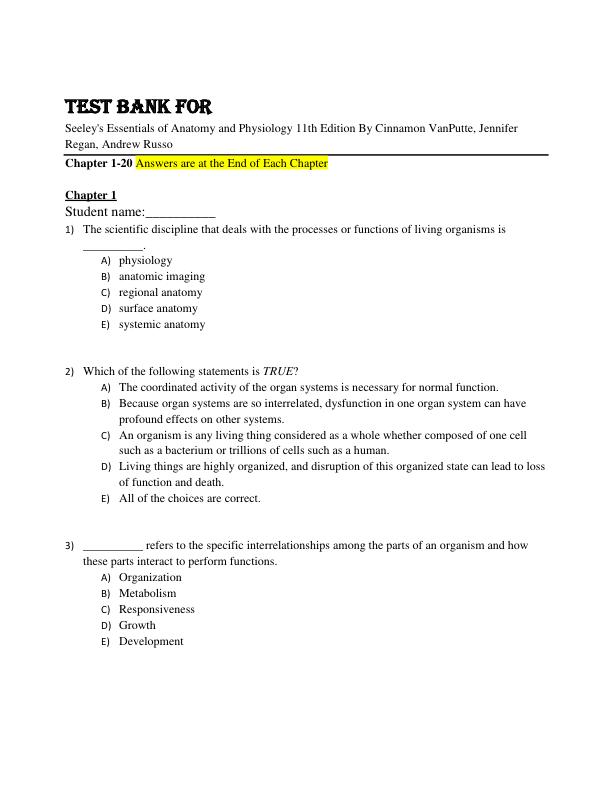 Test Bank Seeley's Essentials of Anatomy and Physiology 11th Edition By Cinnamon VanPutte, Jennifer Regan, Andrew Russo Chapter 1-20