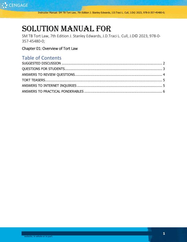 Solution Manual For Tort Law, 7th Edition by J. Stanley Edwards, J.D.Traci L. Cull, J.D Chapter 1-19
