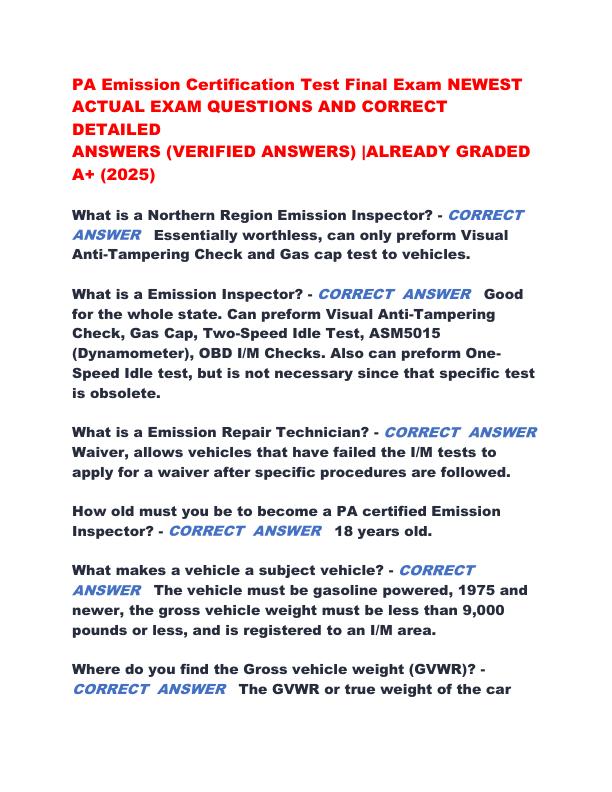 PA Emission Certification Test Final Exam NEWEST