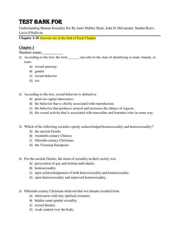 Test Bank Understanding Human Sexuality 8th Canadian Edition By Janet Shibley Hyde, John D. DeLamater, Sandra Byers, Lucia O'Sullivan Chapter 1-18